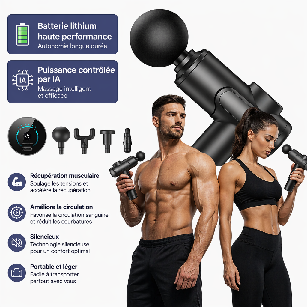 Pistolet de Massage Pro — Récupération Musculaire Profonde, 6 Têtes & Écran Tactile – image produit 3 – CISQO SHOP